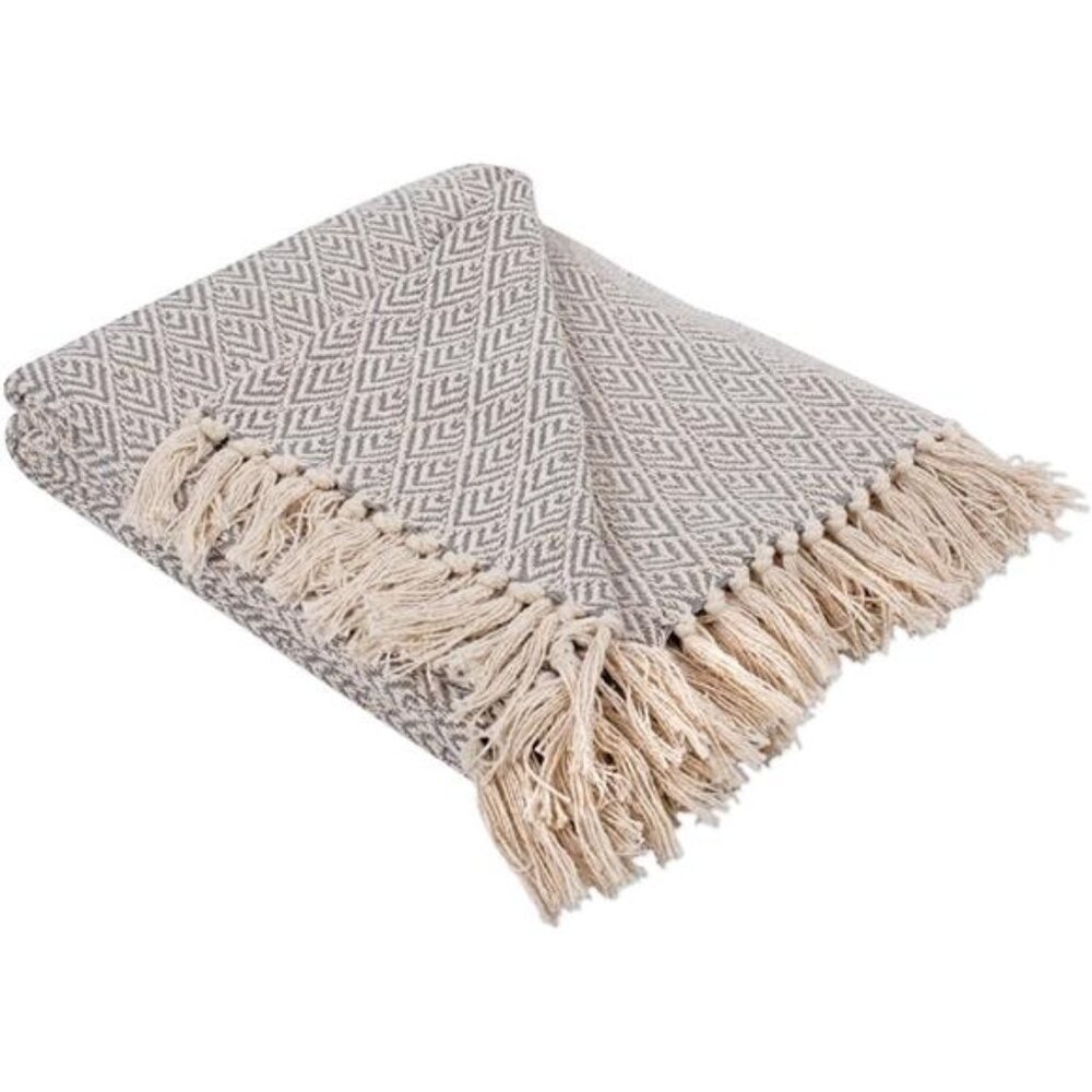 Gray Cotton Throw Blanket 50x60 Woven Geometric Fringe Couch Bed Sofa Decor